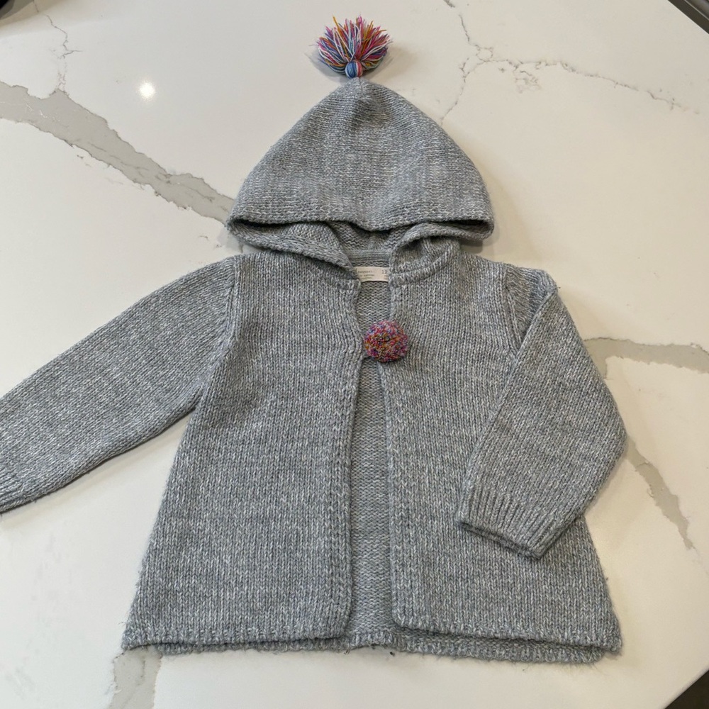 ZARA BABY Chunky Knit Pom Pom Hooded Cardigan | Grey 12-18M